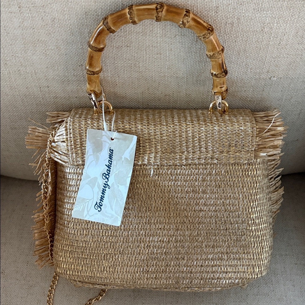 NWT Tommy Bahama Woven Straw & Shimmer Gold Fringe Bag w/Bamboo Handle - Picture 8 of 8